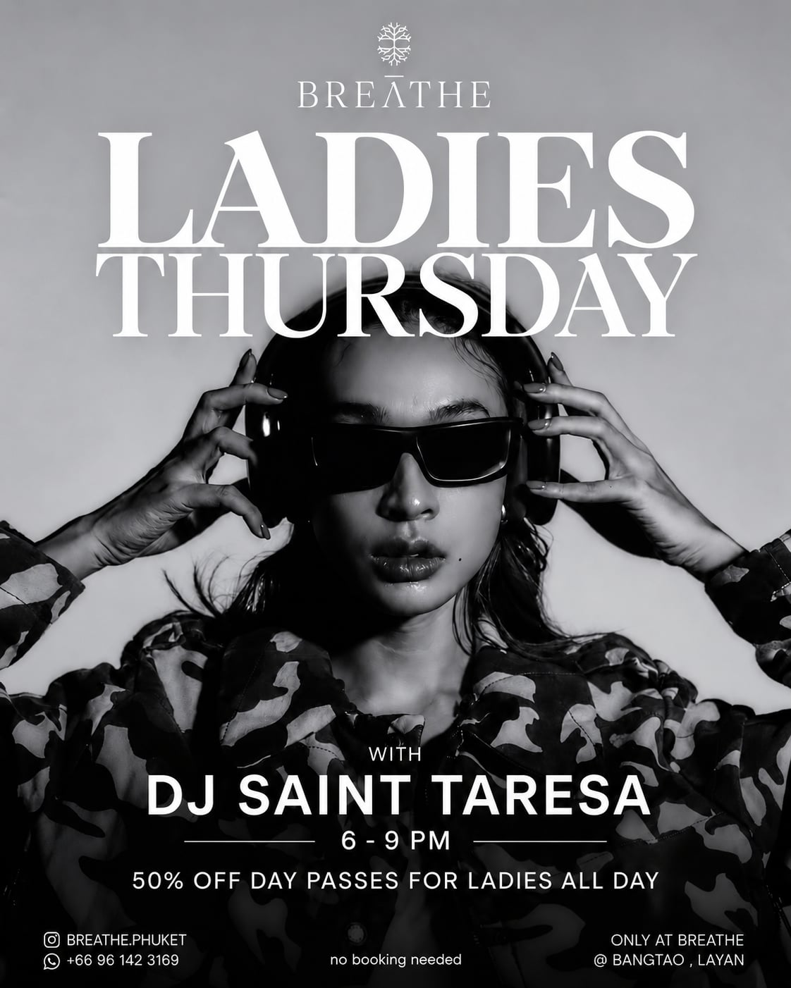 Ladies Thursday poster with 50% off Day Passes and evening DJs at BREATHE