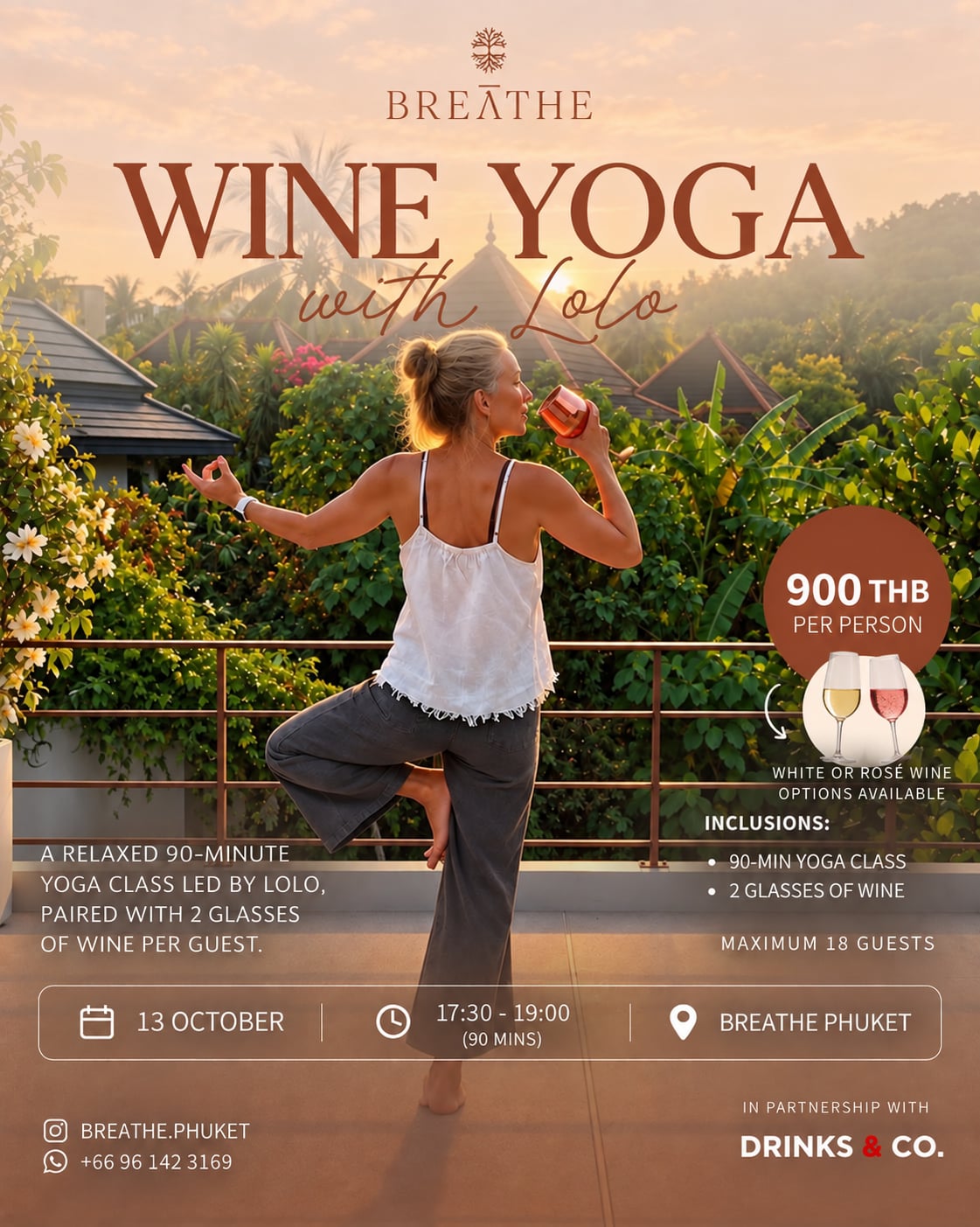 Wine and Yoga with Lolo poster for 13 October, 5:30–7 PM at BREATHE
